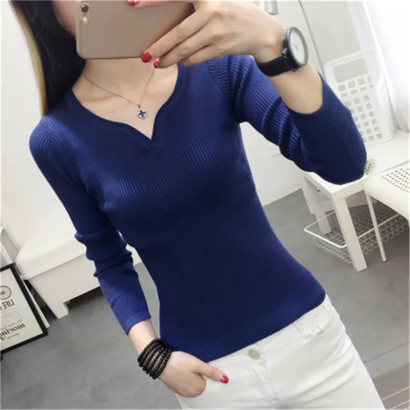 

2018 Autumn new Fashion women sweater elegant female thin V neck sweaters women slim long sleeve Knitted Pullovers sweater Y4318