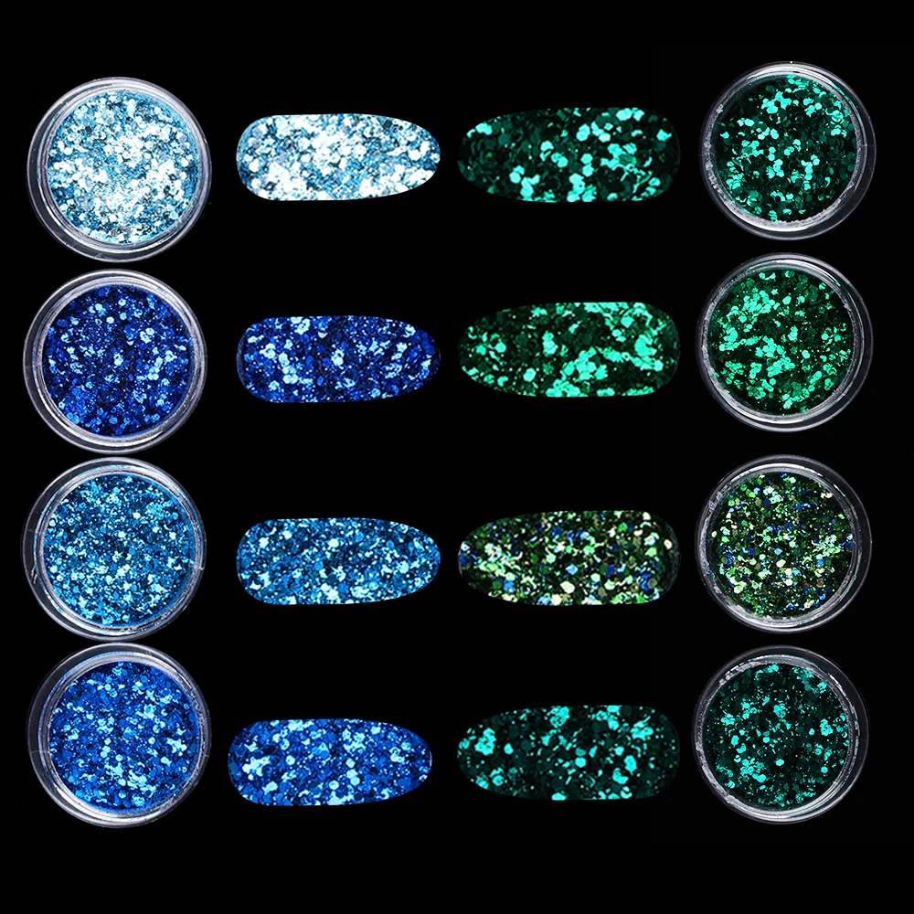 

4 Boxes/Set Glitter Laser Sequins Blue Green Color Mirror Powder Paillette Flakes For DIY Nail Decorations Manicure Tools