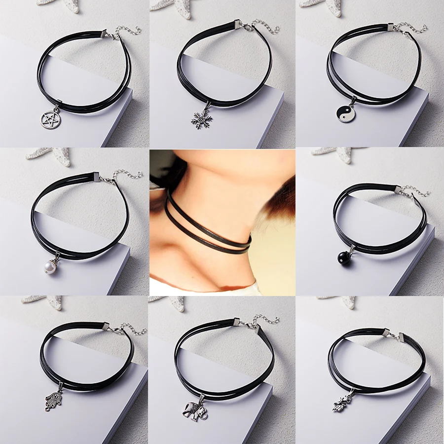 

Black Leather Choker Necklace for Women Double Layer Geometry Snowflake Stars Pearl Palm Charm Short Clavicle Collares Jewelry