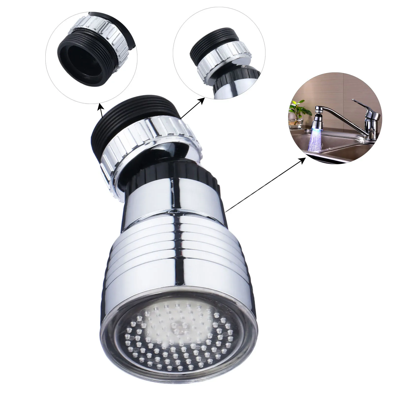 360 Degree Rotation Color Automatical Shower Hydroelectric Power Temperature Sensor Light Water Tap Glow LED Faucet for Kitchen