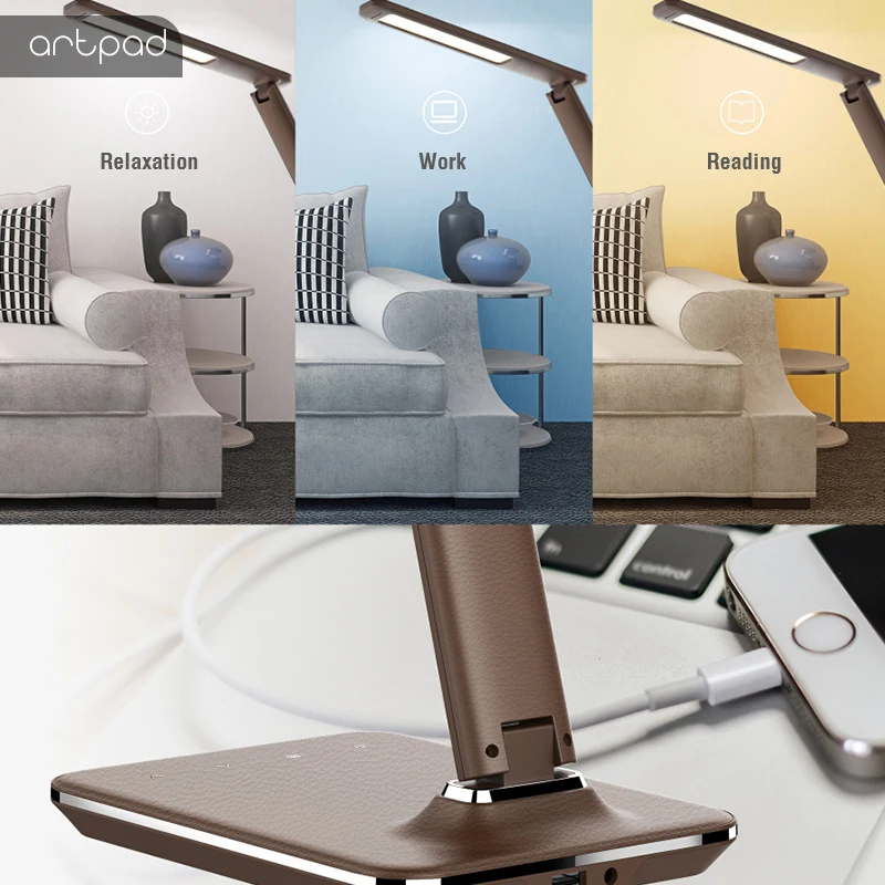 Black Brown Modern Office Desk Lamp With Switch Business Gift Foldable Touch Dimmer LED Table Lamp with Alarm Clock/Calendar