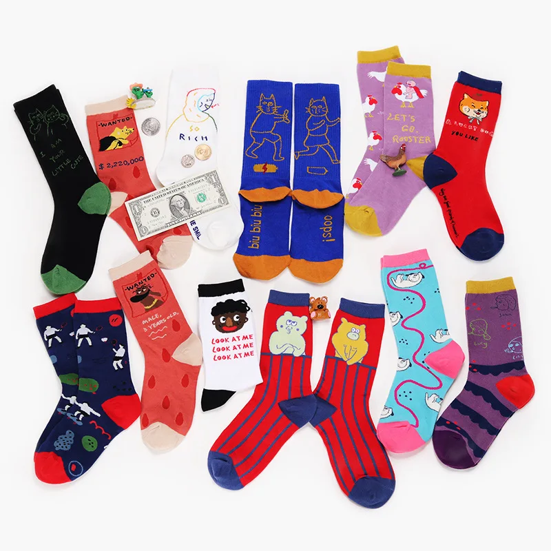

Personality Cartoon Animals Chicken Dog Striped Cotton Funny Happy Socks Female Hosiery Women Harajuku Korean Kawaii Sock Winter