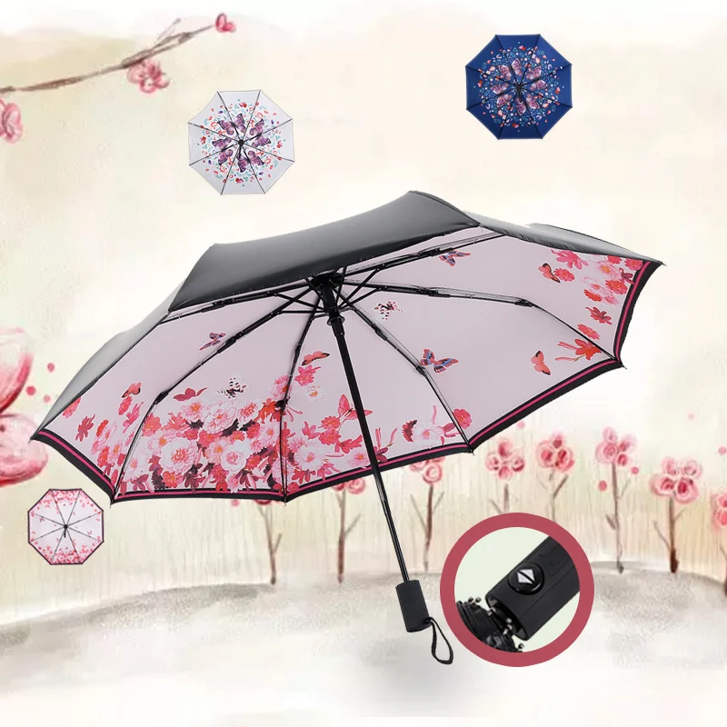 Узор, мужской складной автоматический зонт с черным покрытием, женский ветрозащитный зонтик с бабочкой и цветком, защита от ультрафиолета, зонты для дождя