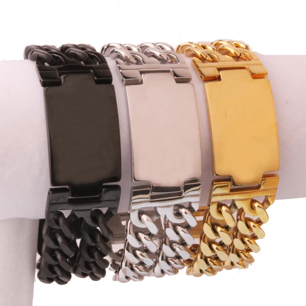 

Mens Fashion Jewelry Silver/Gold/Black High Quality Double Row Chain ID Bracelet 23mm