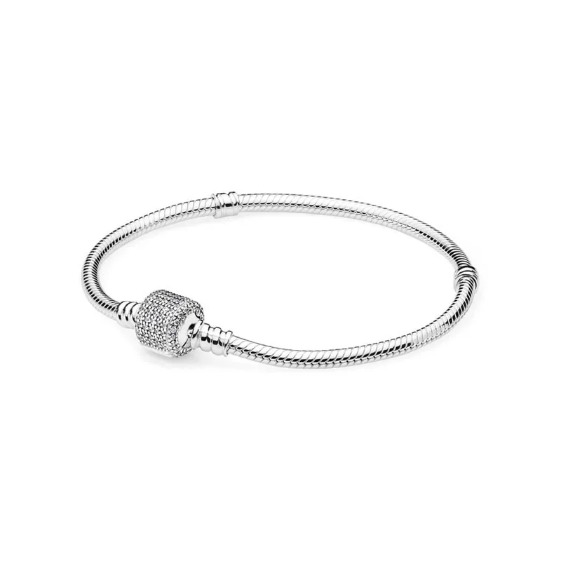 

Authentic 925 Sterling Silver Pave Square Clasp Charm Beads Snake Chain Charm Bracelet Fit DIY Jewelry Bracelets for women