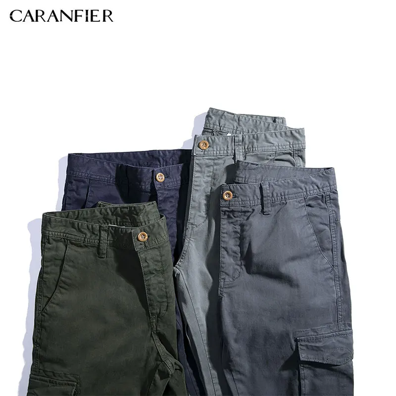 Мужские длинные хлопковые брюки карго CARANFIER черные зауженные цвета хаки с