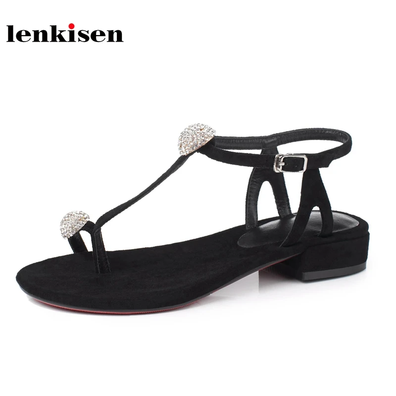 

Lenkisen flock big pearl crystal decoration summer shoes concise slingback low heels solid sweet fairy classic women sandals L03