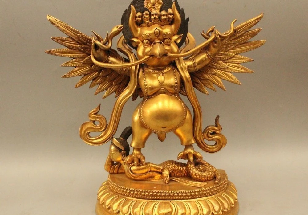 

13" Chinese Tibet Fengshui Bronze 24K Gold animal Winged Garuda Bird king of