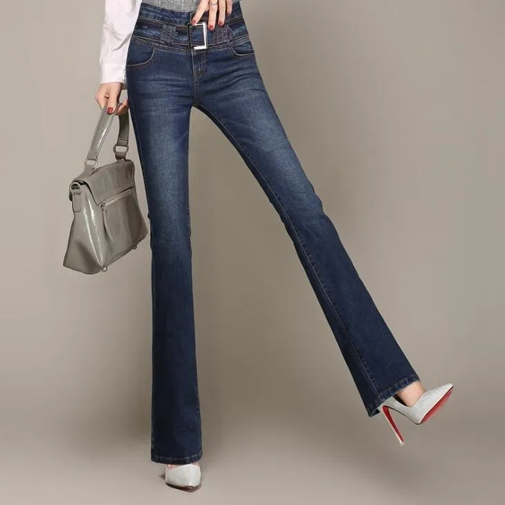 3059 Высокая талия облегающие брюки клеш Джинсы женские с поясом полная длина тощий высокого качества Весна винтажные колокольчики джинсы с кроем для женщин