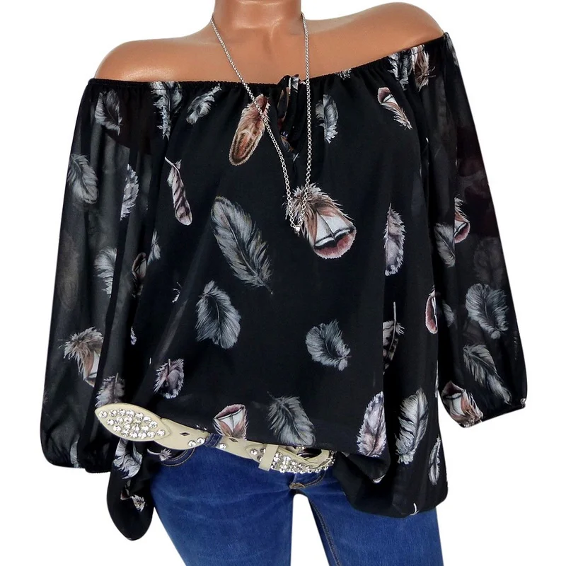 NIBESSER 2019 New Summer Feather Print Women Blouses V-neck Print Chiffon Blusas Sexy Tee Shirt Casual Blusa Female Plus Size