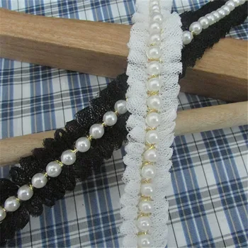 

2cm Black/White With 6mm Pearl Beads lace trim for DIY gallus clothe accessories Lace Appliques Material
