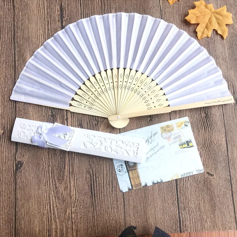 

(80pcs/lot)FREE SHIPPING+Customized LOGO Luxurious Silk Folding Hand Fan in Elegant Laser-Cut Gift Box Wedding Party Giveaways