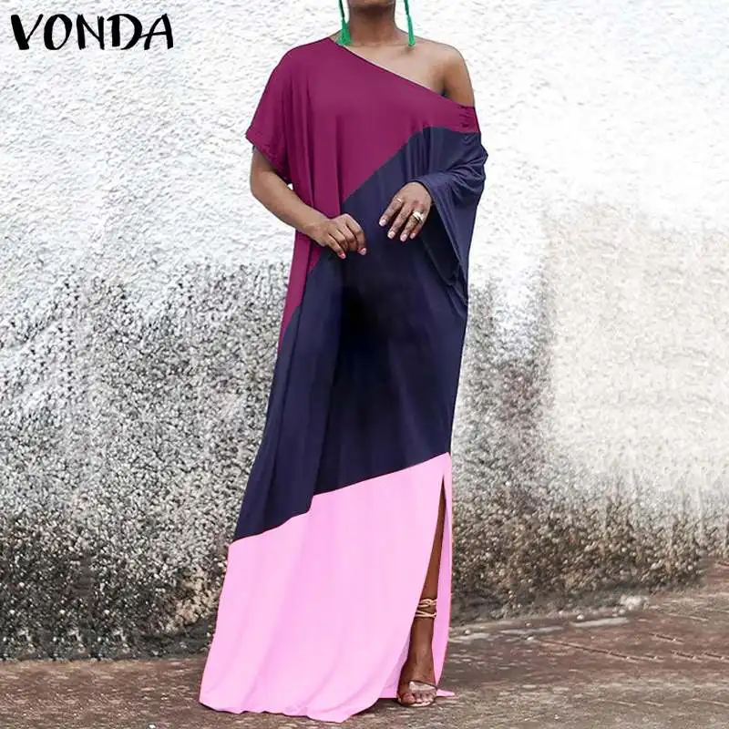 

VONDA Summer Sundress Plus Size Women Sexy Oblique Collar Maxi Dress Casual Loose Party Vestido Kaftan Short Sleeve Robe Femme