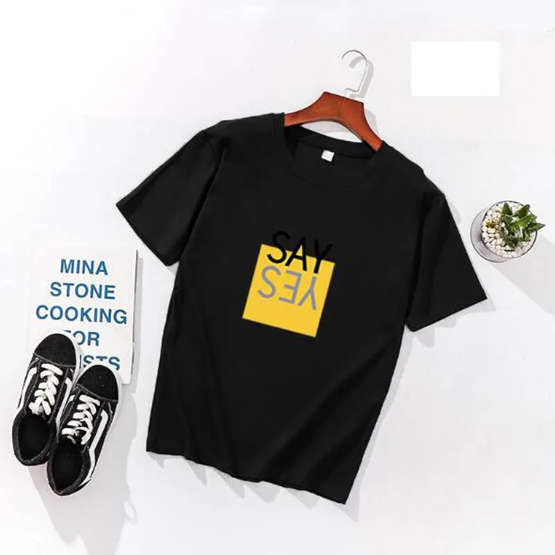 يقول نعم طباعة المرأة تي شيرت الربيع الصيف قصيرة الأكمام يا الرقبة القطن دنة النساء قمم المحملات يتأهل النساء تي شيرت