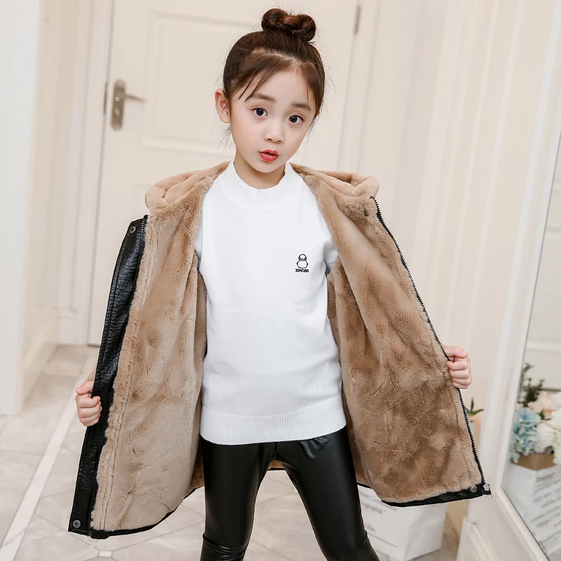 

3-13 years girls pu trench children's Warm winter clothing Imitation rabbit hair thicking waterproof Waist Windbreaker hot