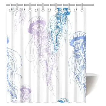 

Shower Curtain, Jellyfish Shaped with Ornamental Patterns Boho Style Beach Themed Art Fabric Bathroom
