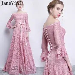 JaneVini элегантные пыльно-розовые женские платья для подружки невесты с 3/4 рукавами кружевное платье трапециевидной формы с открытыми