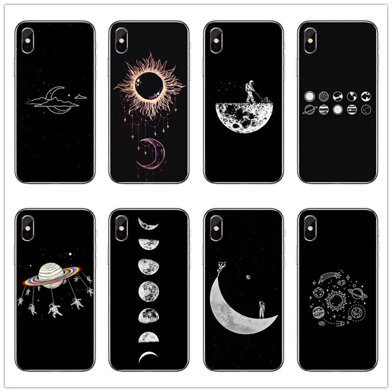

Fashion Space Cute Planet Moon Star Hard black phone Matte plastic Back Cover Case For iphone 4 5 6 7 8 PLUS X Fundas Coque