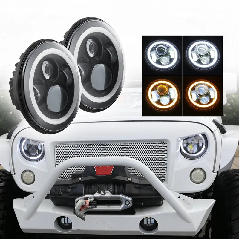 

Pair Round 7'' Projector headlight 7 inch H4 led fog Headlight Headlamp with Halo Ring light bulbs for Jeep Wrangler JK