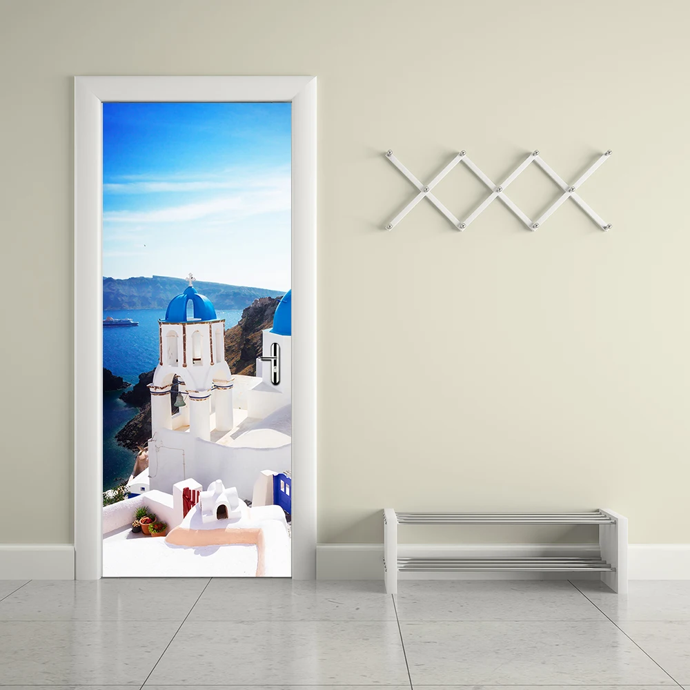 

Greece Santorini Pattern Door Stickers Peel and Stick Waterproof PVC Wall Stickers Decor forLiving Room 2pcs 15.1x 78.7inch