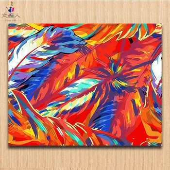 

Watercolor still life red feather colorful pictures colorings drawing paintings by numbers with paint colors and brush on canvas