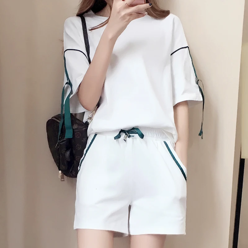 5XL 4XL 3XL Plus Size Conjunto das Mulheres Casuais Solta Fitas T shirt de Manga curta Tops + Shorts Com Cordão de Verão Das Senhoras Dois peça