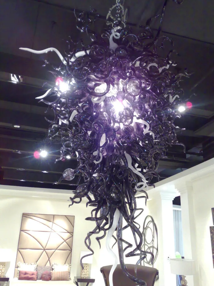 

Italy Art Store Decor Large lamps Purple Color Handmade LED Blown Glass Chandeliers Light Fixture