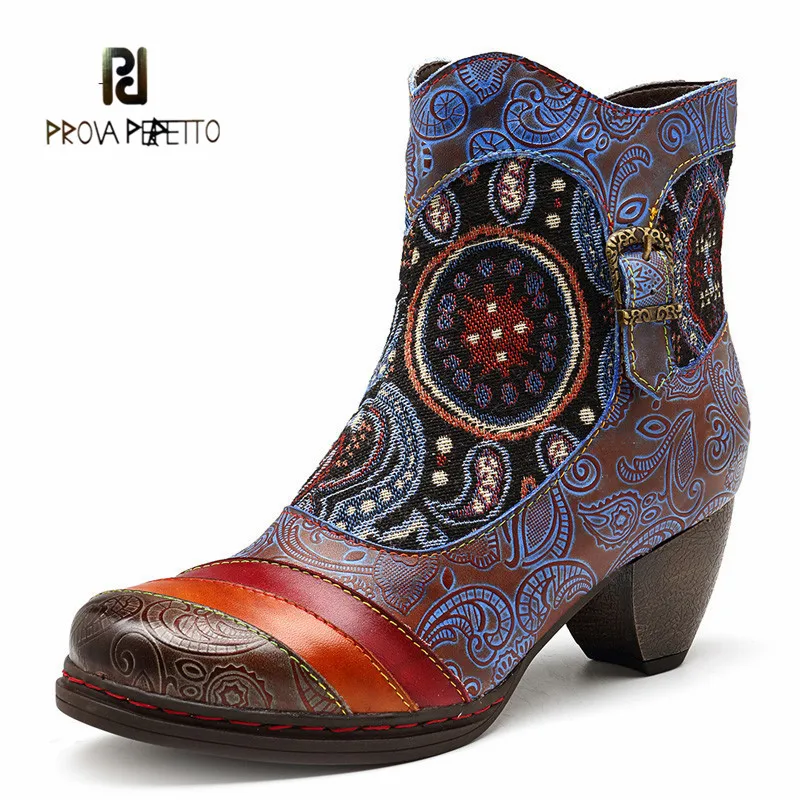 

Prova perfetto Hot Styles Vintage Bohemian Ankle Boots Women Genuine Leather Cowgirl Retro Printed Block Heels Ladies Shoes
