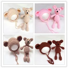 Jane Z Ann Детские ручной работы связанные крючком Вязаные уши шапка+ медведь плюшевый капот Фотография реквизит для фото новорожденных Вязание месяцев Душ подарок