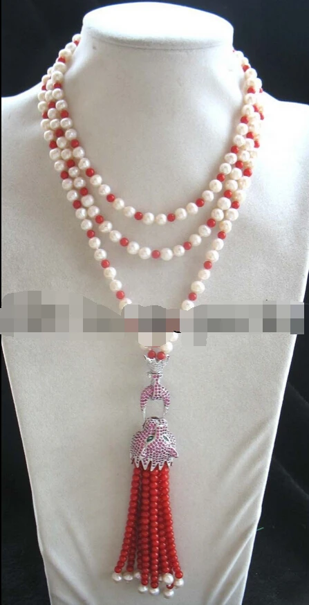 

FREE SHIPPING>>>@ new2023 freshwater pearl &coral round red leopard clasp necklace 60