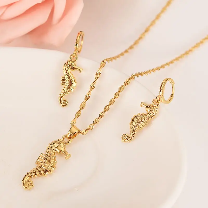 14 k Solid Gold Coated seahorse Pendant earrings FREE CHAIN hippocampus animal Women Papua New Traditional party Gift Unique | Украшения и