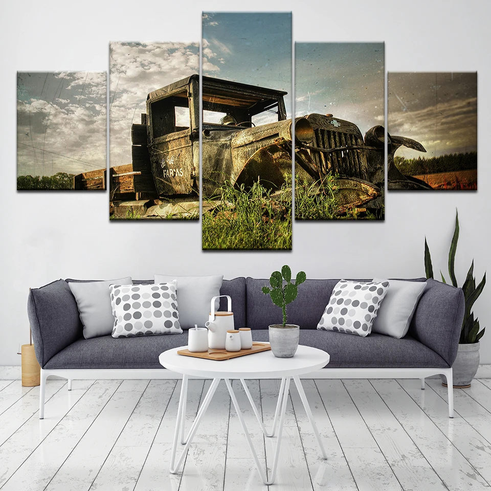 Us 5 59 43 Off 5 Panel Wall Art Old Vintage Truck On The Prairie Painting Picture Print On Canvas Car The Picture For Home Modern Decor Artwork In