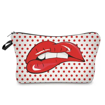 

Fashion Sexy Lady Red Lips Dots Printing Makeup Organizer Female Zipped Travel Cosmetic Bag Women Casual Storage Bags FA$3