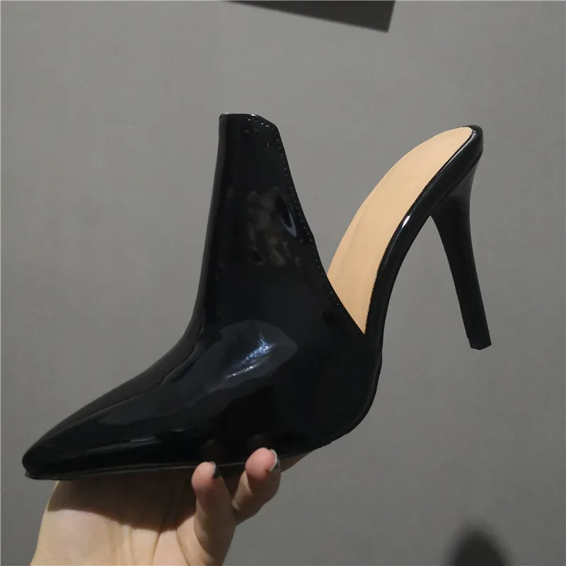 

2019 Black pointed toe High-heeled Muller Shoes Packing Head Half Slippers Outside Wear Summer New Type Slippers Large Size