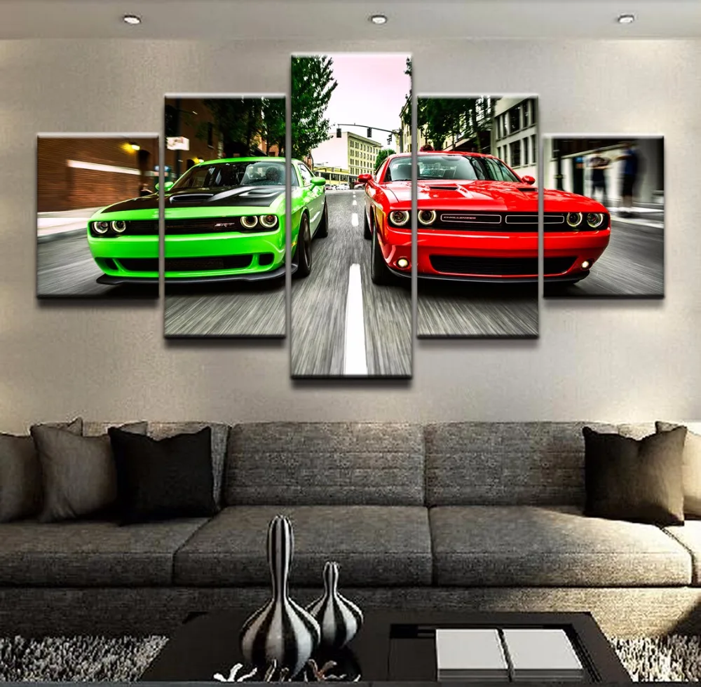 

Modular Canvas HD Prints Wall Art Pictures 5 Pieces Challenger Green Red Cars Landscape Poster Home Decor For Living Room Frame