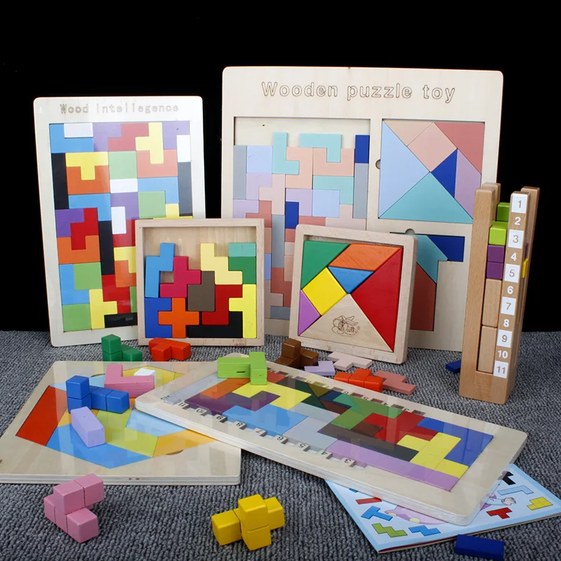 

Candice guo Montessori wooden toy wood puzzle board Tetris game tangram T letter shape mtach tower Multi-function kid gift