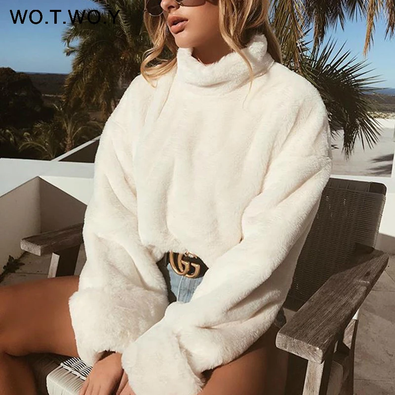WOTWOY Thick Lambswool Winter Jacket Women Faux Fur Wool Coats Women Outerwear Warm Back Zippers Crop Teddy Jackets Women 2018