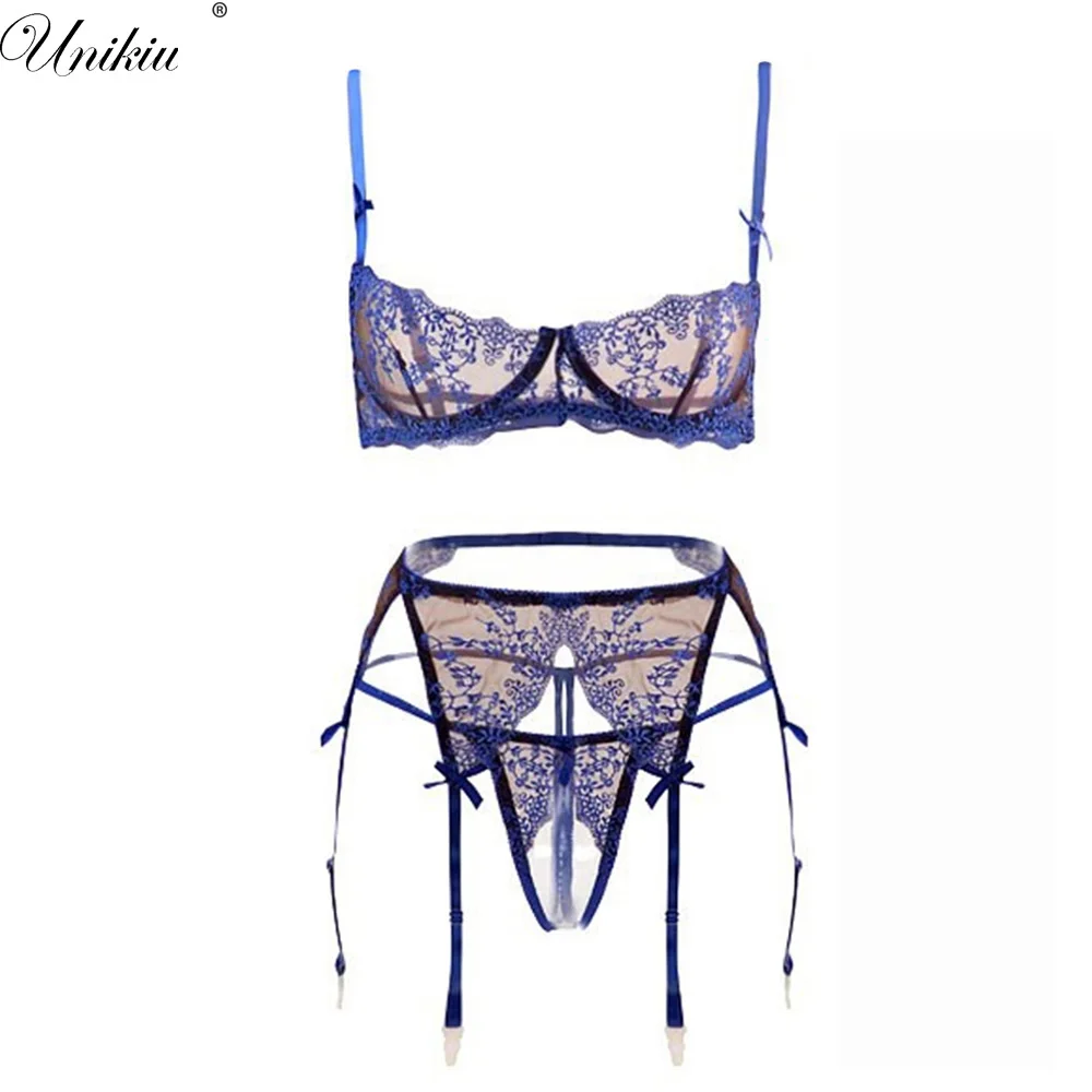 

UNIKIWI Women Underwear Bra Set Intimates Embroidery Lace Half Cup Lingerie Temptation Blue/Red Bra+Panty+Garters Sets 3pcs/Set