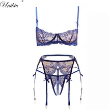 UNIKIWI Для женщин нижнее белье бюстгальтер, чашечки расположены рядом с кружевом и вышивкой, половинчатые чашечки белье искушение синий/красный бюстгальтер+ трусики+ бюстгальтер 3 шт./компл