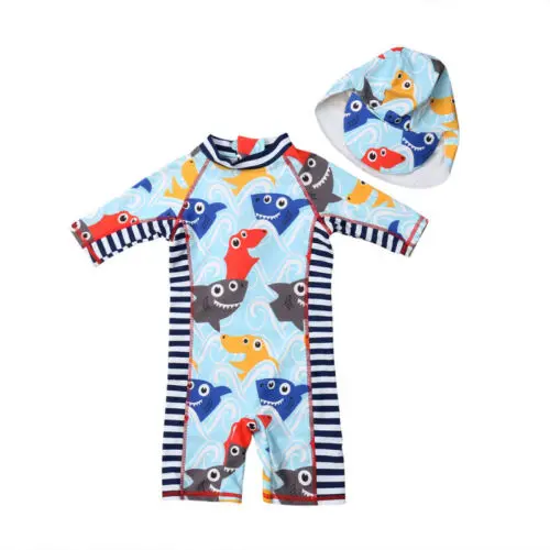 Toddler Baby Boys Short Sleeve Sun Protection Dinosaur Swimsuit Three Piece Kids Little Boys Rash Guard Round Neck Swimwear