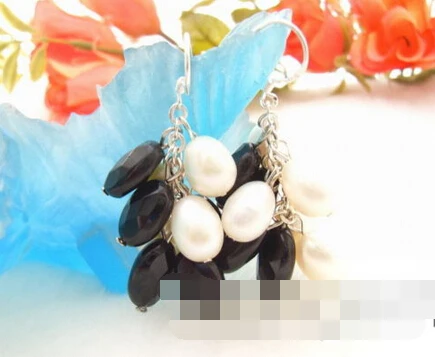 

Hot selling> free shipping 00220 White Pearl&Faceted Onyx Earring -Bride jewelry free shipping