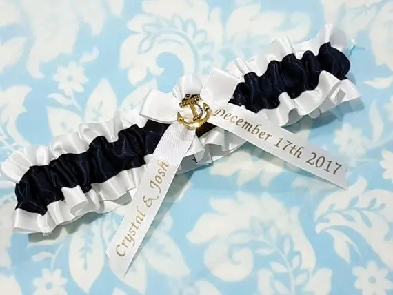 Personalize Name Date Nautical Wedding Bride Garters Keepsake Gift