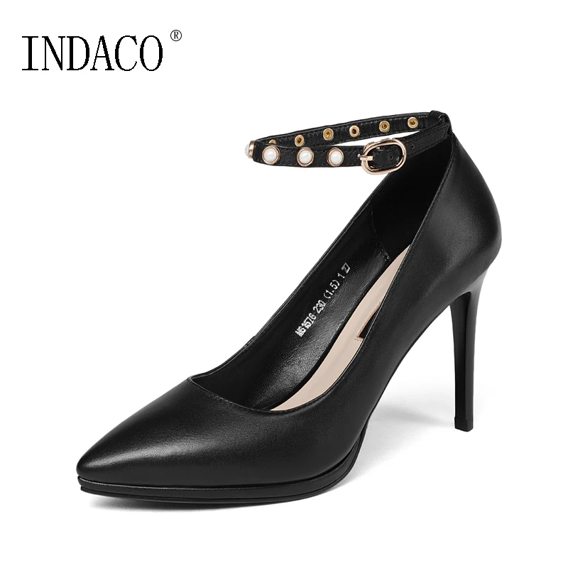 

OL Office Pumps Ankle Strap High Heel Shoes Genuine Leather Pointed Toe 10.5cm Sexy High Heels