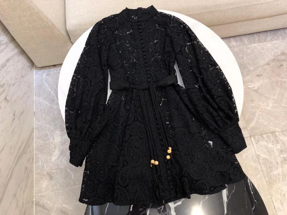 new ladies fashion water soluble lace hollow waist puff sleeve stand collar long sleeve short dress 0624