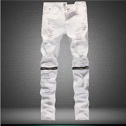 Для Мужчин's разорвал Тощий Байкер Застёжки-молнии уничтожены Изношенные Slim Fit джинсовые штаны Размеры 28-38