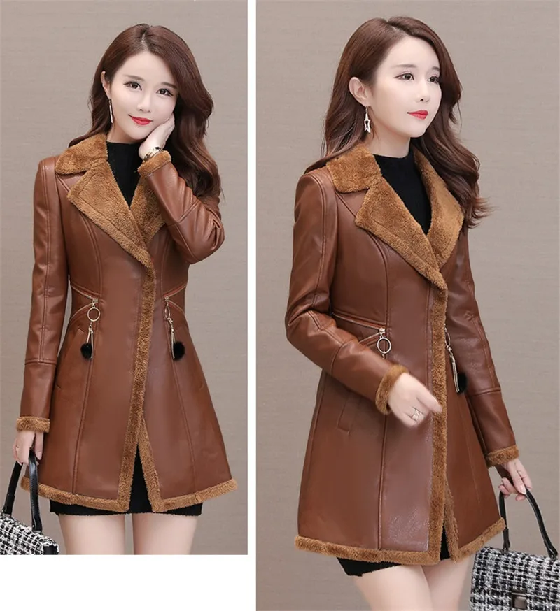 Women Leather Windbreaker Plus Velvet Thick PU Leather Cotton Coat Long Suit Collar Large Size Fashion Warm Leather Jacket