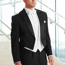 Длинные черные свадебное платье для Для мужчин три Пуговицы Двойной Брестед Жених дружки смокинг(куртка+ Брюки для девочек+ жилет+ галстук