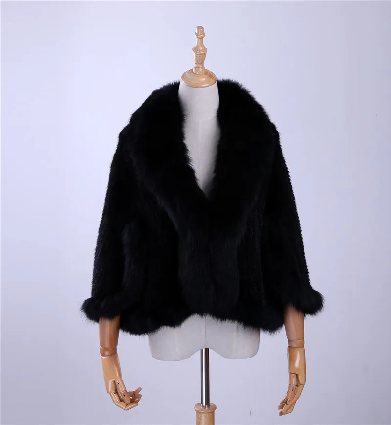 Новая натуральная вязаная норковая шаль накидка с воротником из лисьего меха тримминг Женская норковая шуба куртка палантин - Цвет: Black