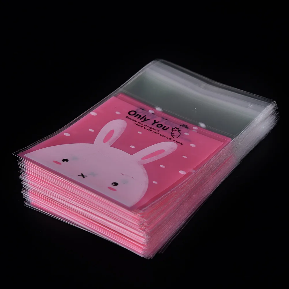 Cute Pink Rabbit Print Gifts Bags Plastic Clear DIY Candy Cookies Wedding Birthday Party Craft Bags Packaging Bags 100 PCS