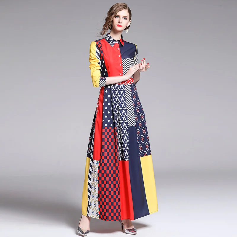 Autumn Winter Elegant Maxi Dress Women Vintage Contrast Color Geometry Pattern Printed Casual Turn-Down Collar Long Dress